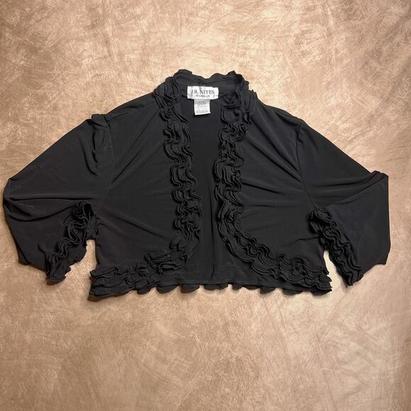 Vintage 90s JR Nites by Carol Lin Black Ruffled Bolero Shrug 3/4 Sleeve Open - Picture 6 of 6